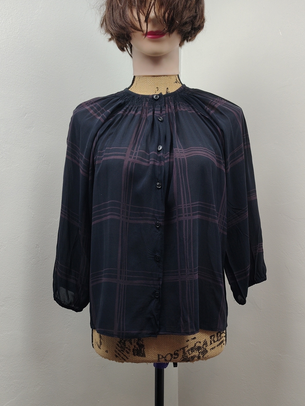 Tucker Womens Black Plaid Button-Front Blouse 95% Silk Small